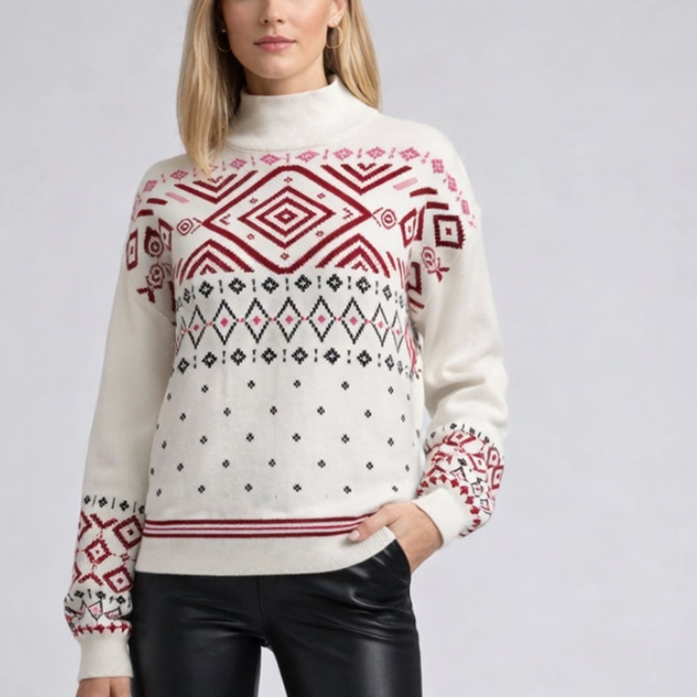 NWT Nordic Pattern Ivory Knit Pullover Sweater Mock Neck Womens Sz L